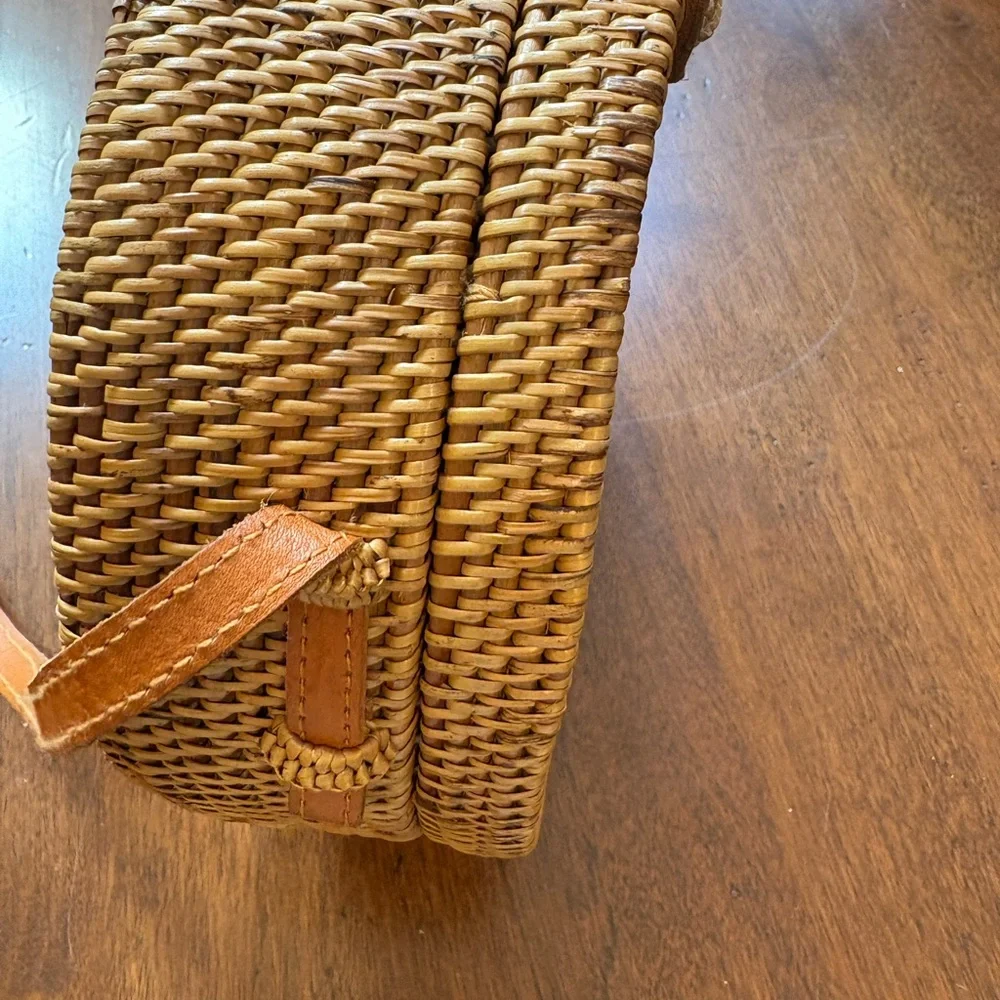 Round Woven Tan Crossbody Bag